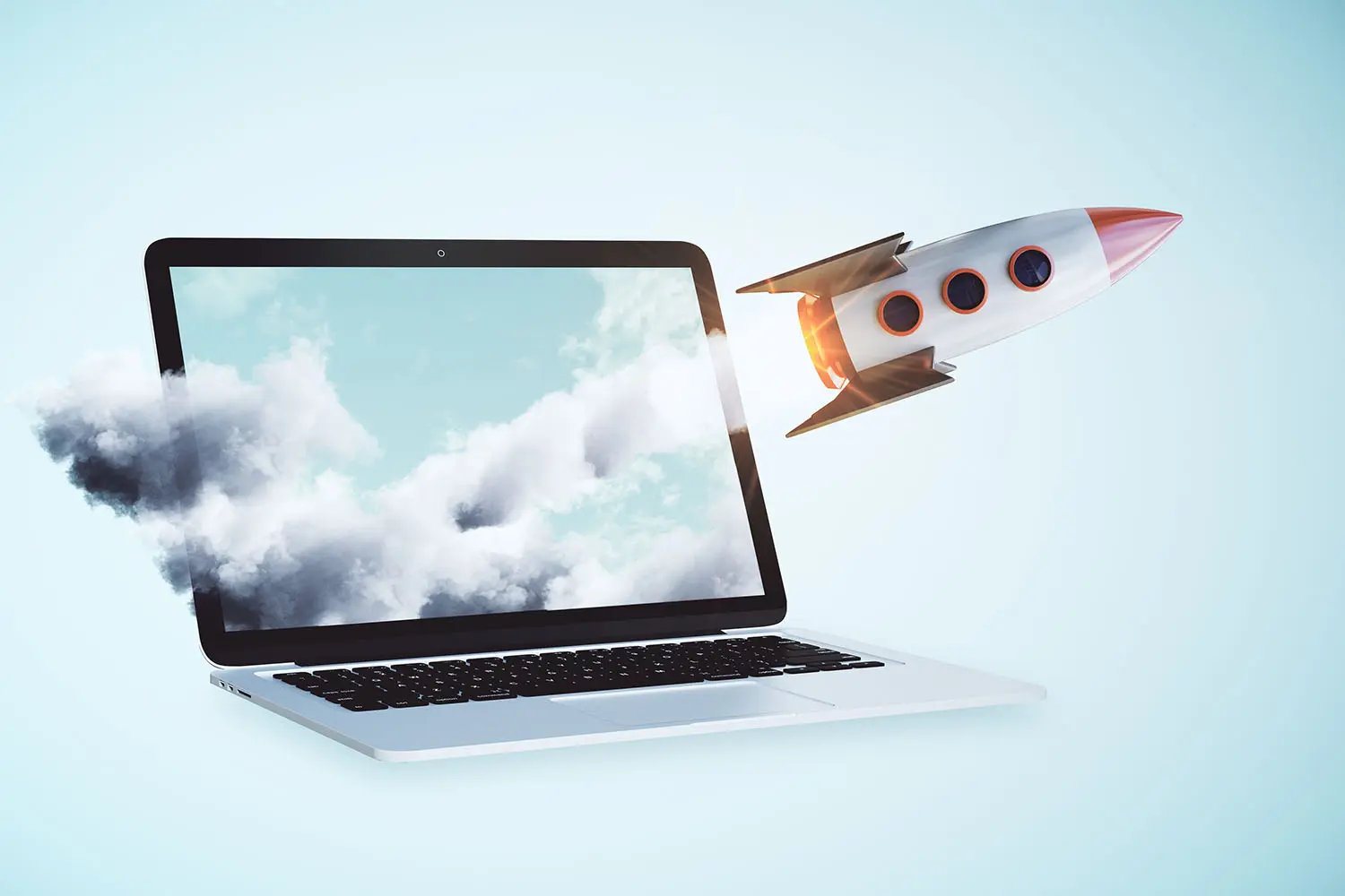 Représentation du nouveau site internet avec une fusée sortant d'un ordinateur portable